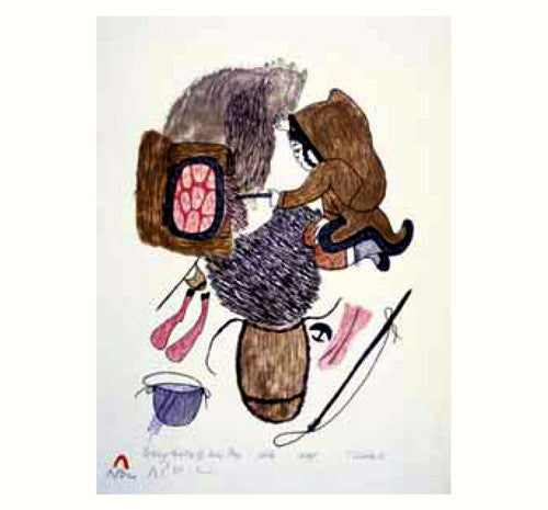 1984 COOKING CARIBOU BY MOSS FIRE by Pitseolak Ashoona